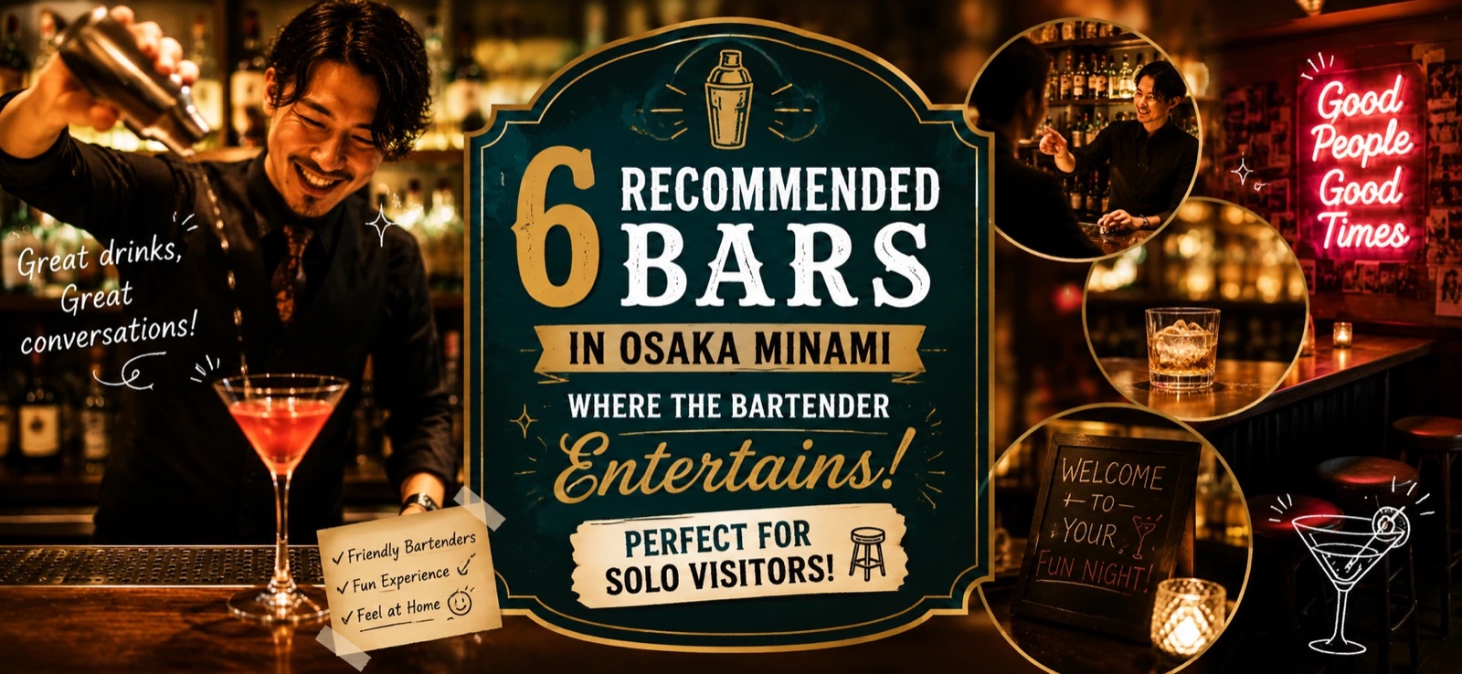 Recommended bars with great bartenders in Minami, Osaka (Namba & Shinsaibashi) — a neon-lit bar counter at night｜6 bars you can walk into alone