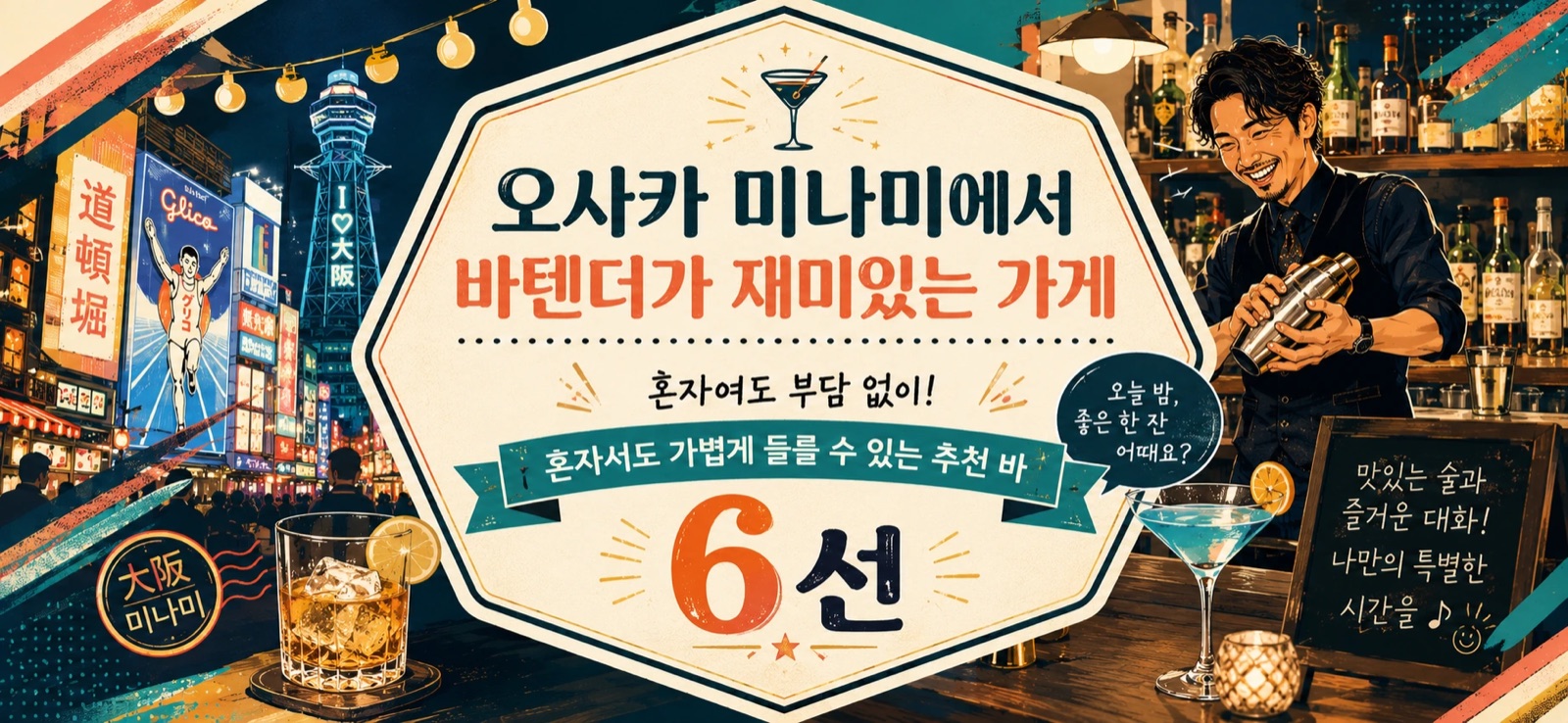 오사카 미나미(난바·신사이바시)에서 바텐더가 재미있는 추천 바 이미지 (네온이 켜진 밤의 바 카운터)｜혼자서도 편하게 들를 수 있는 6선